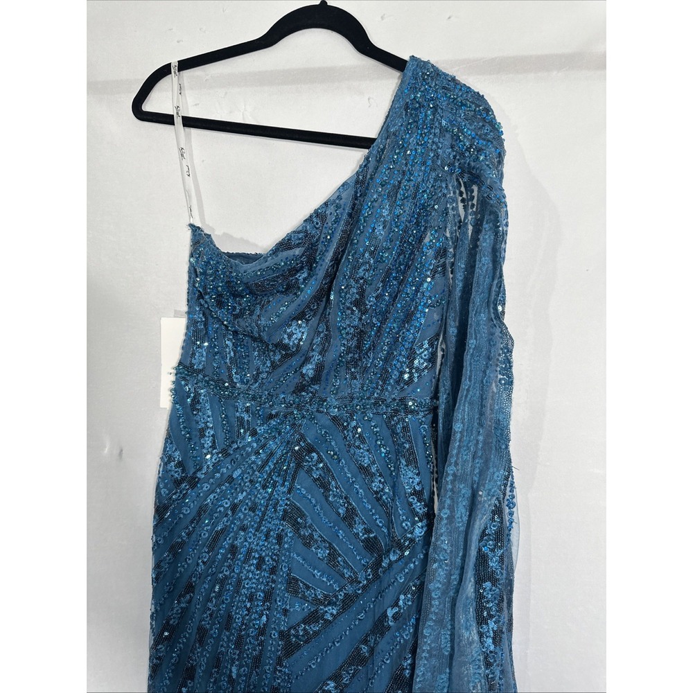 NWT Mac Duggal [ 4 ] 20528 One Shoulder‎ Cape Sleeve Embellished Gown Blue J1911 - Picture 10 of 15